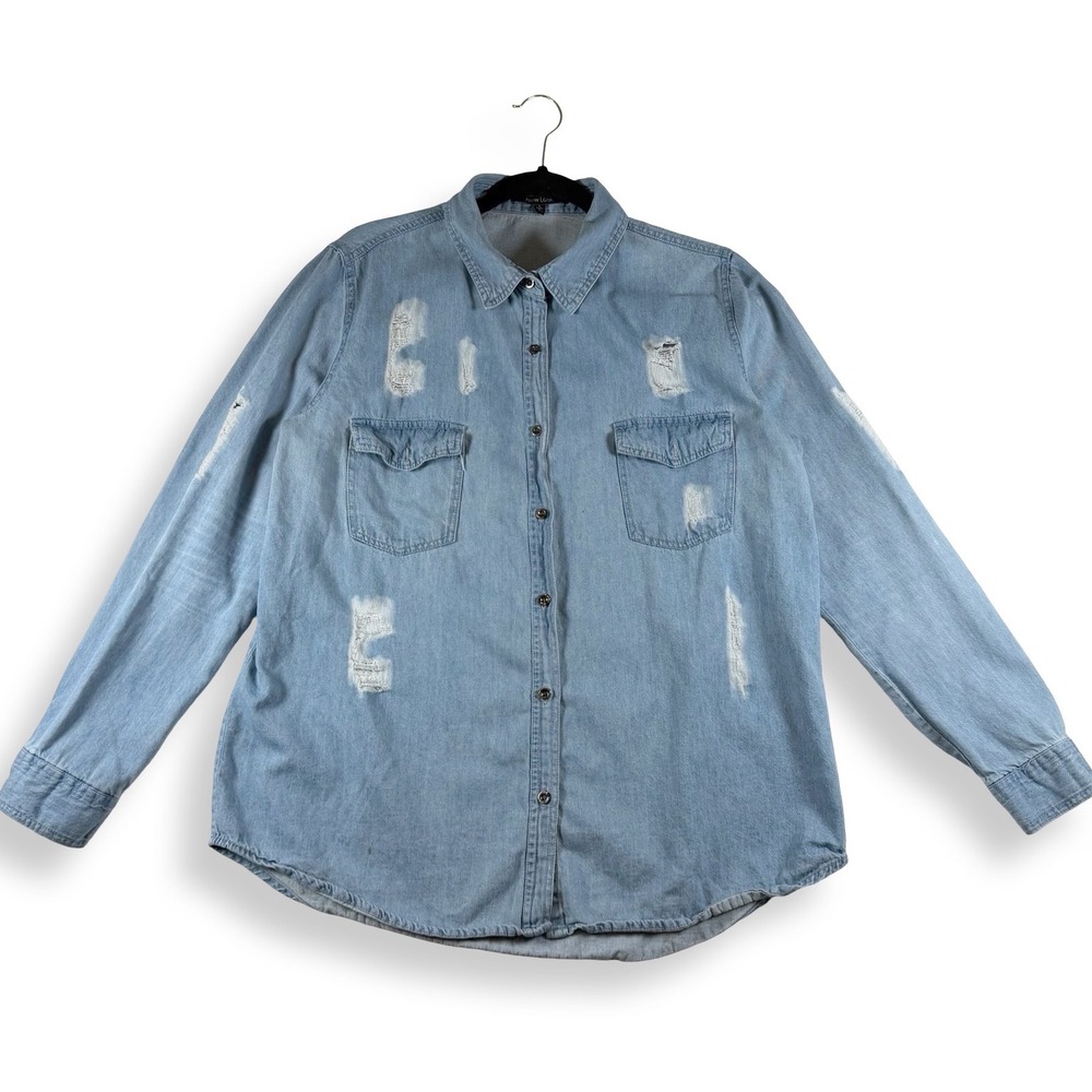 Womens Large Light Wash Distressed Denim Button Down Shirt Frayed Western Y2K